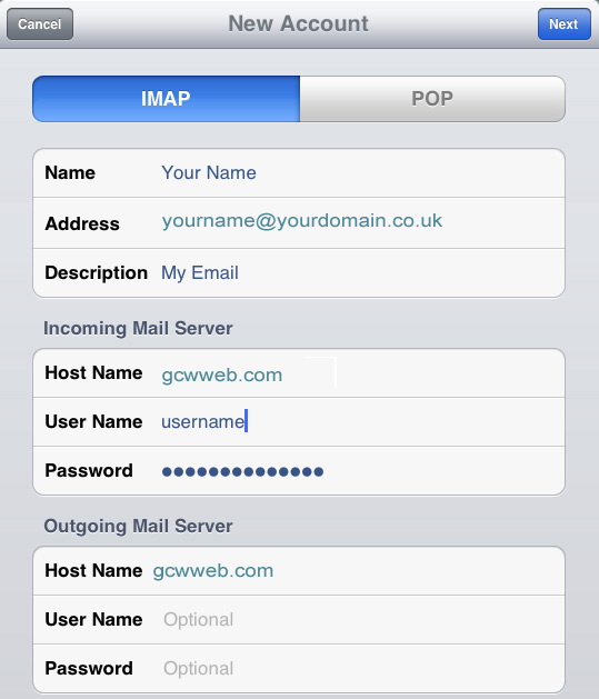 Enter the Incoming and Outgoing Mail Server details and press Next. If you need help with these, there's more detail underneath the screenshot.